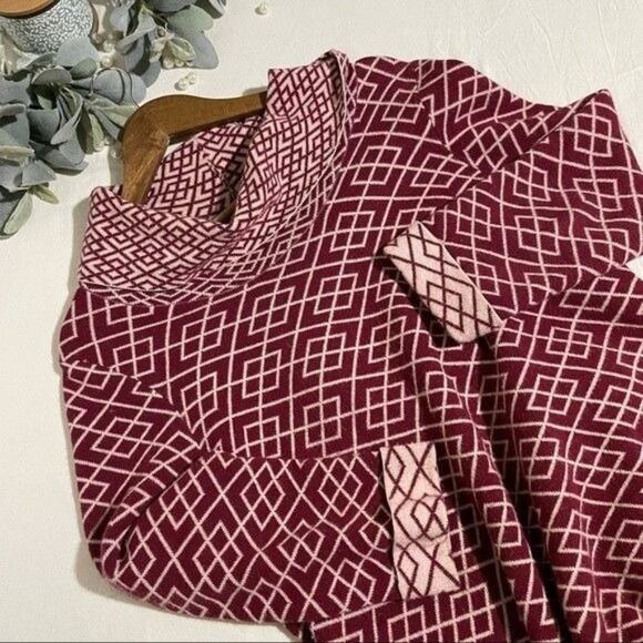 Anthropologie Moth Large Galena Sweater Red Cream Geometric Cowl Neck Alpaca - Picture 6 of 12